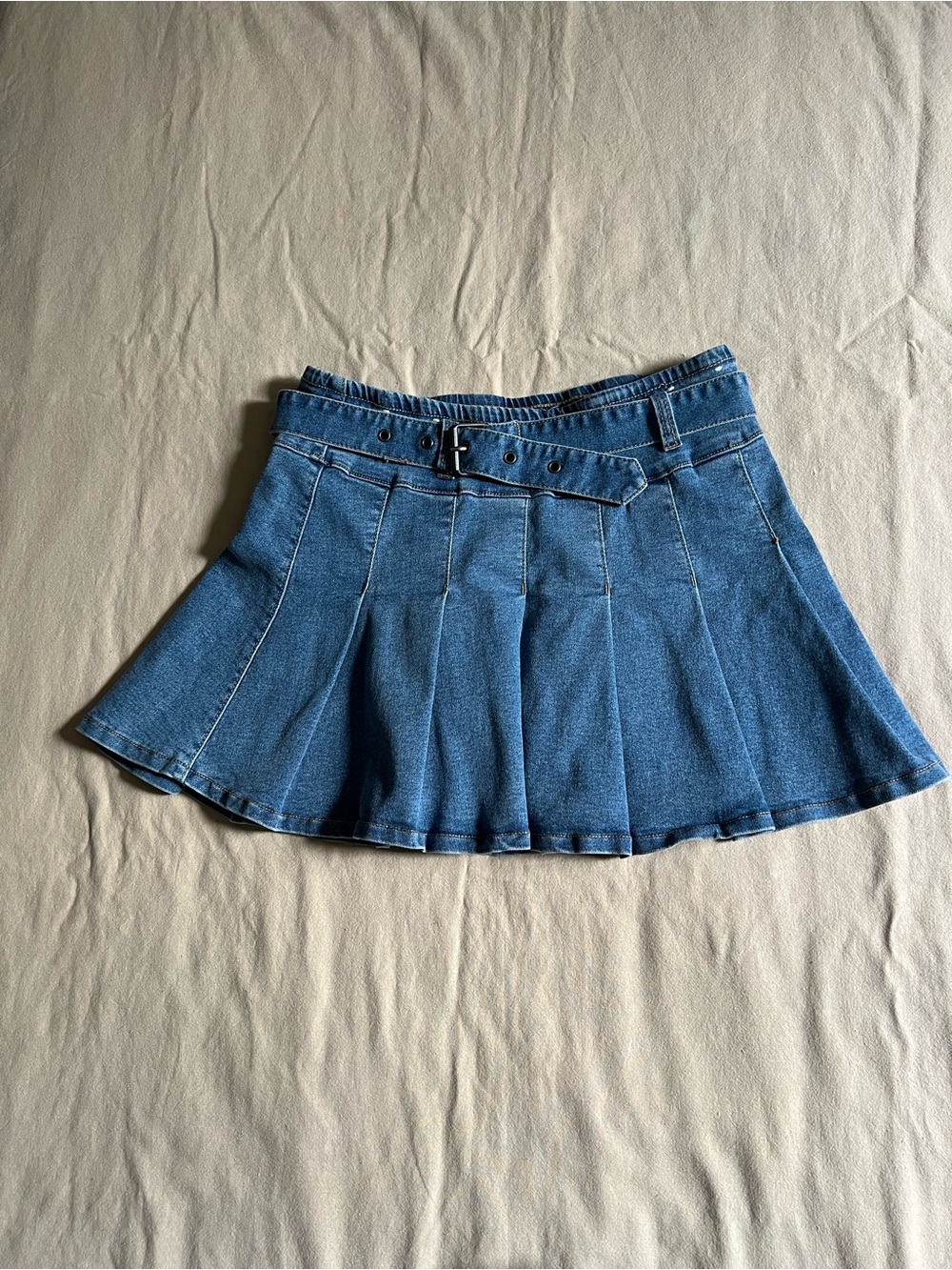Vanilla Star Blue Denim Pleated Skater Skirt with Belt